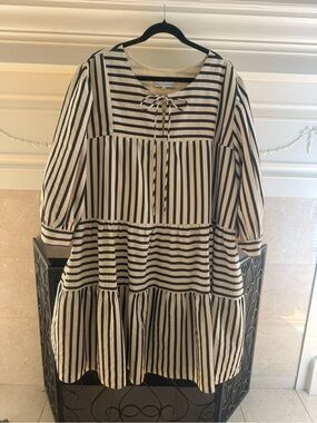 English Factory Black and Cream Tiered Lined  Midi Dress with Tie Neck- 3x